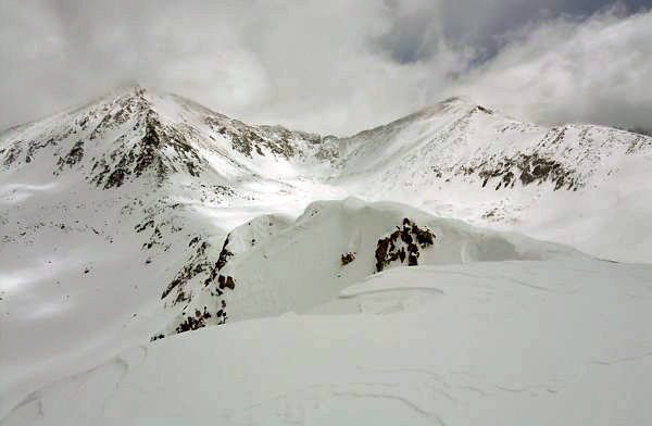 view standing on Mayflower Hill, looking east at Pacific (left) and Atlantic Peaks