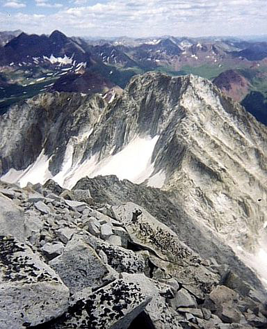 View from near the summit of Snowmass Mountain, looking back down the southeast ridge toward Hagerman Peak