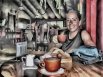 Suzy enjoying a great cup of coffee at the Cafe in downtown Santa Elena, Monteverde, Costa Rica