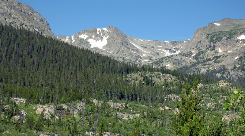 View of the Ouzel Peak area from the Wild Basin trail to Bluebird Lake