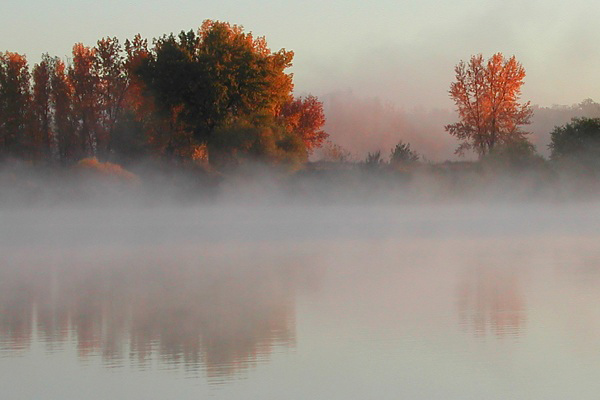 Early morning fall day in Fort Collins, Colorado with light fog rising from pond